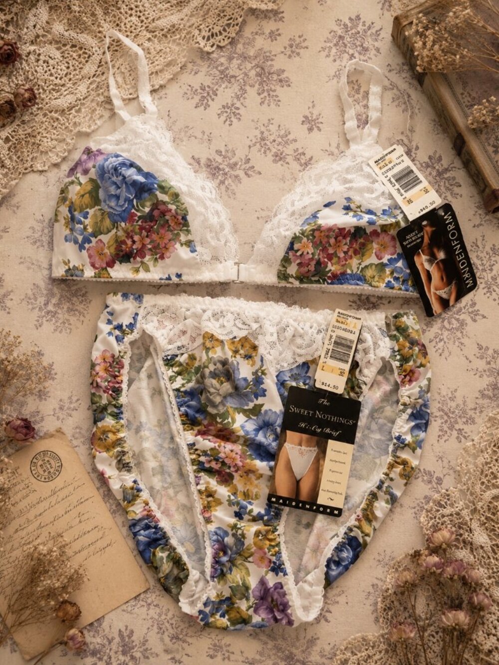 Vtg Maidenform Sweet Nothings Satin Panty Floral Lace Bikini & Bra Size Large 36